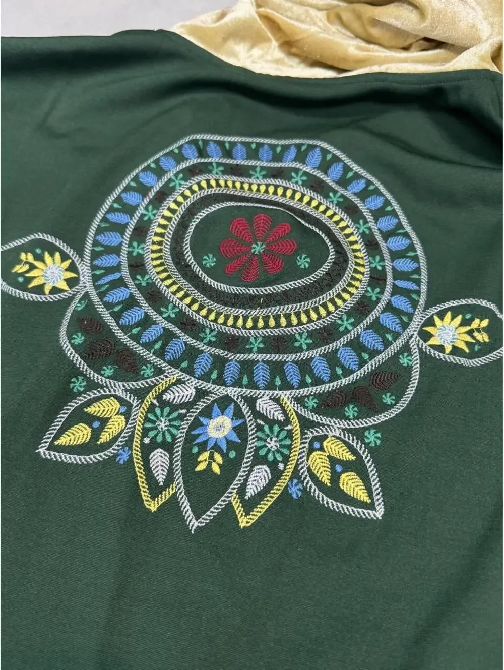 LIEBO Embroidered Boho Tunic Hoodie Gold Velvet Folk Art Longline Pullover